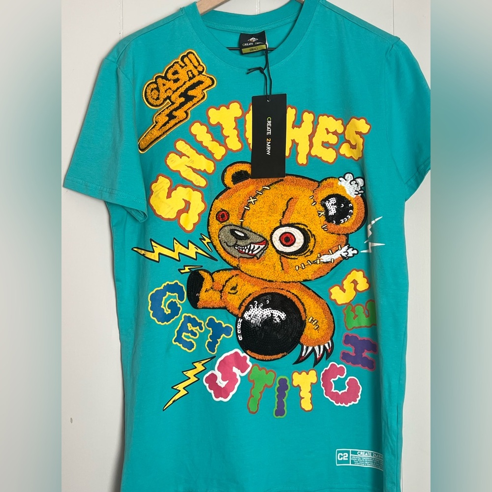 Create 2MRW Print & Embroidery Graphic T-Shirt featuring a teddy bear design